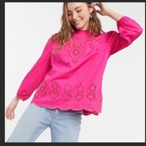 JCrew Hot Pink Mockneck cotton poplin top with embroidered eyelet